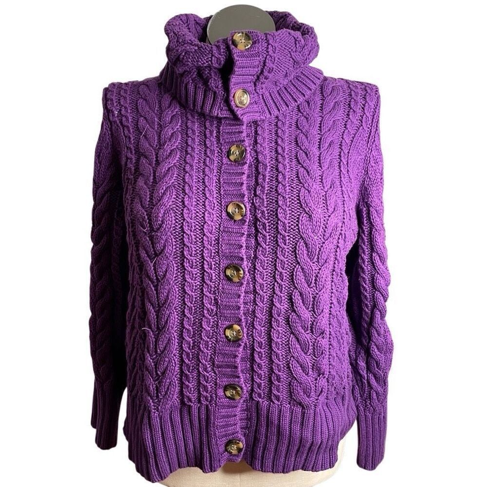 Lands’ End Womens Cable Knit Cardigan XL Petite Purple Royal Varsity Cottagecore